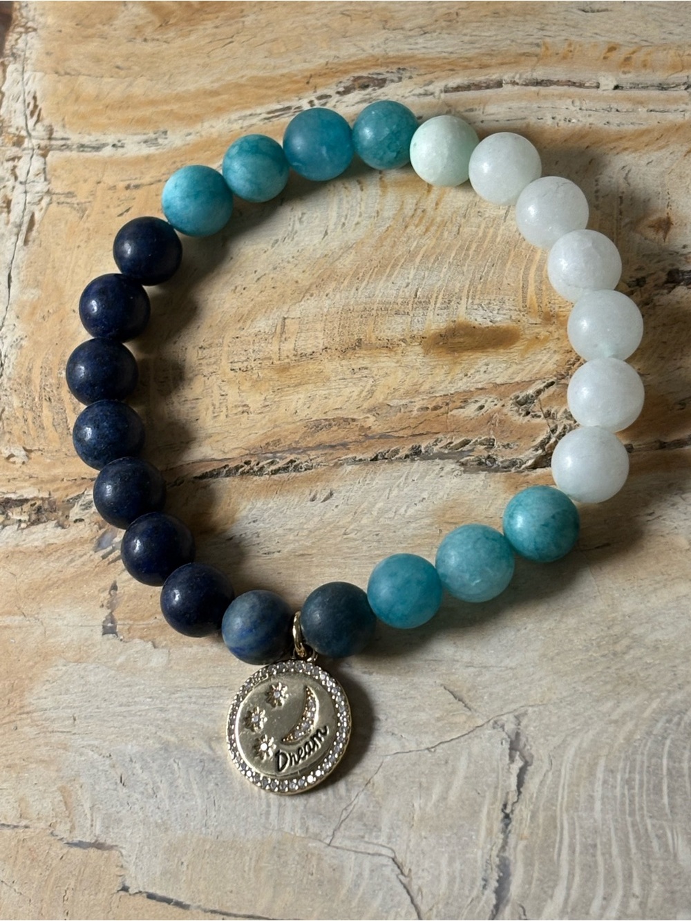 ‘Dream' Water Element Beaded Ombré Lapis Lazuli White Jade Stretch Bracelet